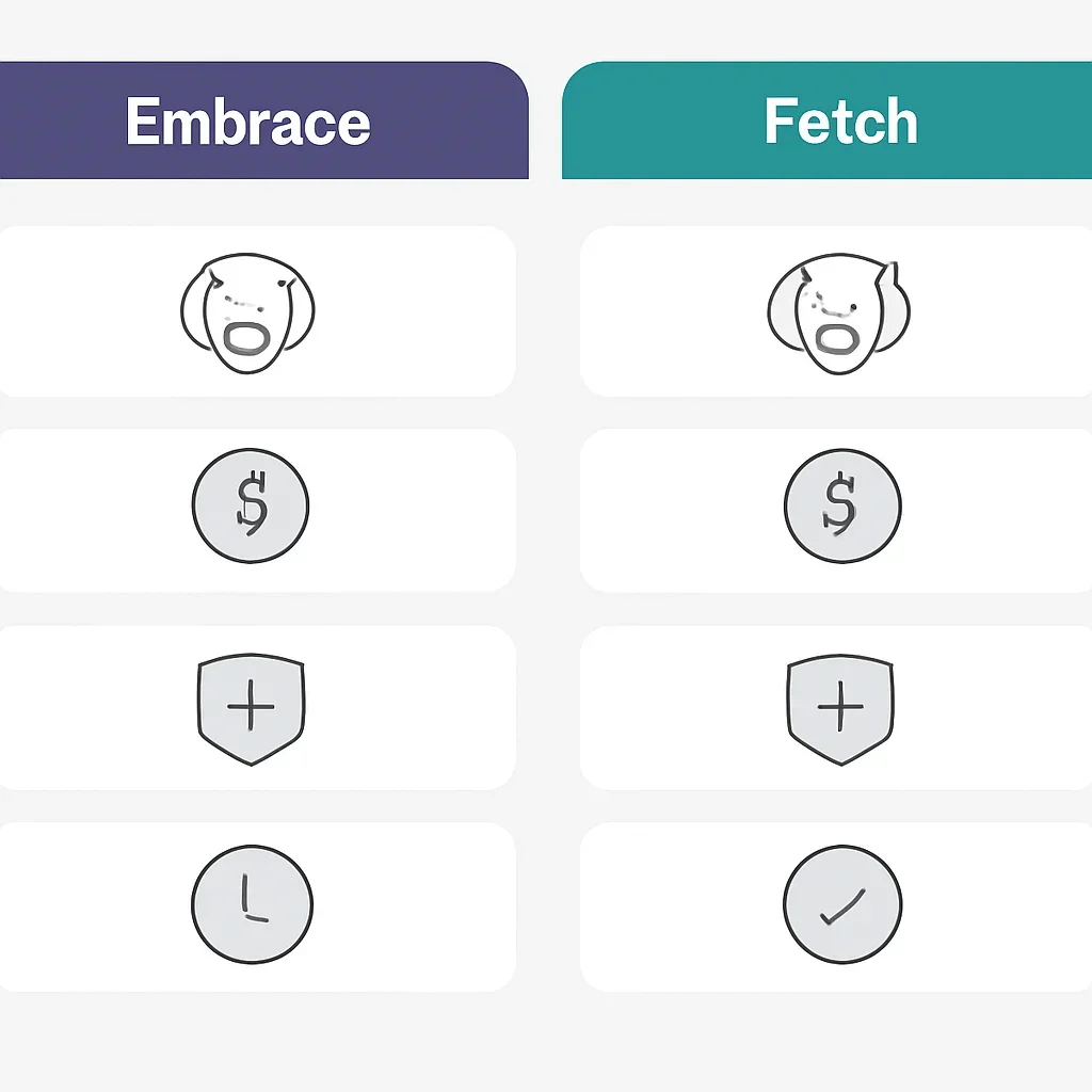 Embrace vs Fetch page mid-section image showing coverage review and policy comparison details
