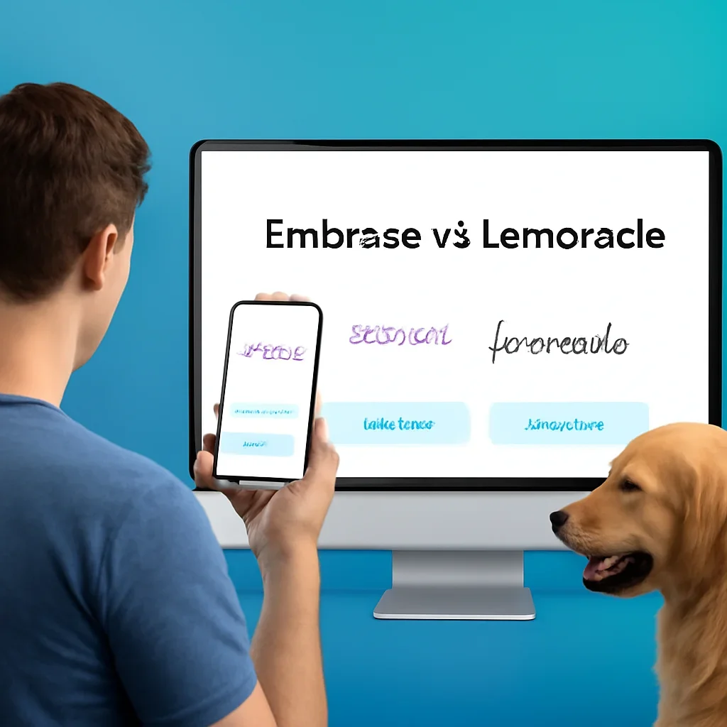 Embrace vs Lemonade page call-to-action image showing a pet owner moving forward with quote comparison