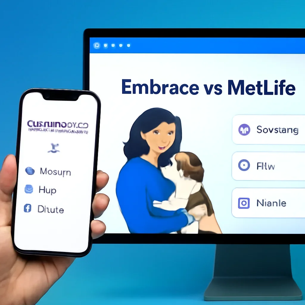 Embrace vs MetLife page call-to-action image showing a pet owner moving forward with quote comparison