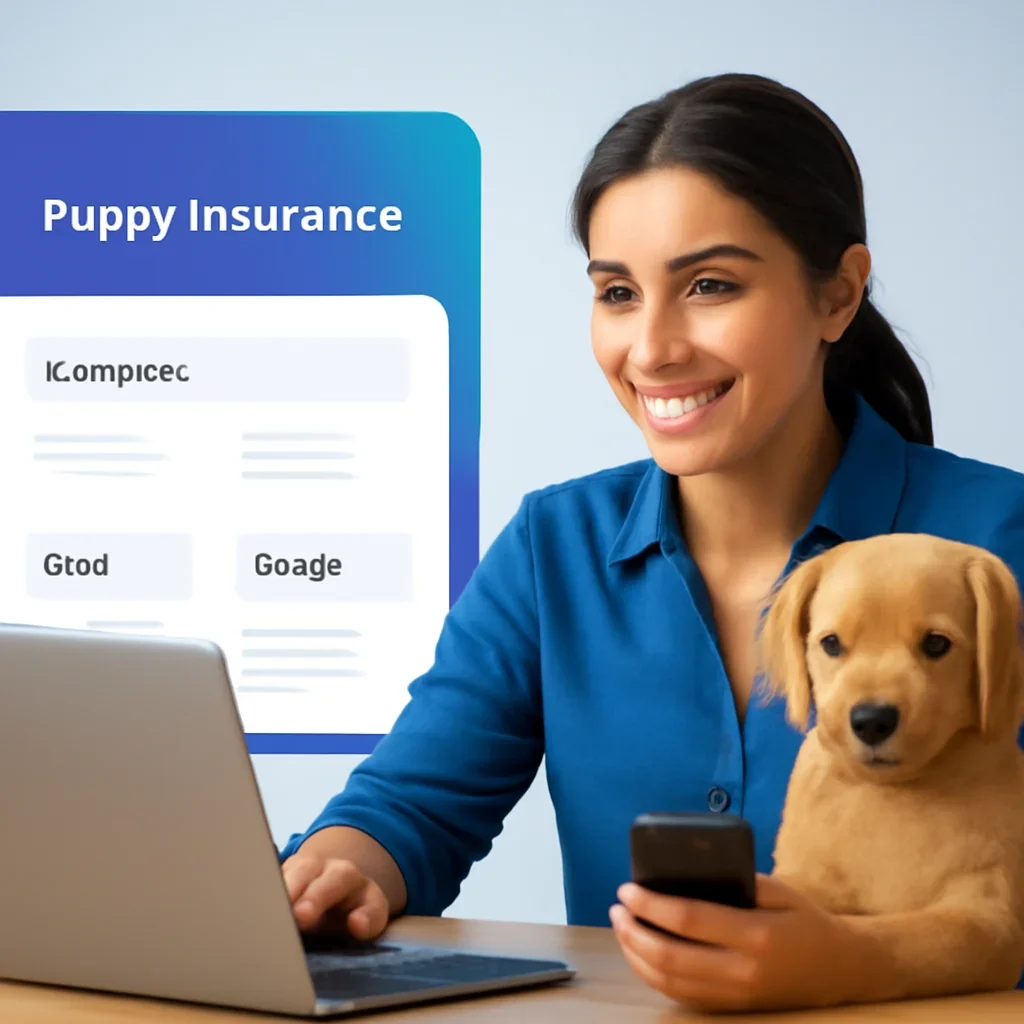 Puppy Insurance page call-to-action image showing a pet owner moving forward with quote comparison