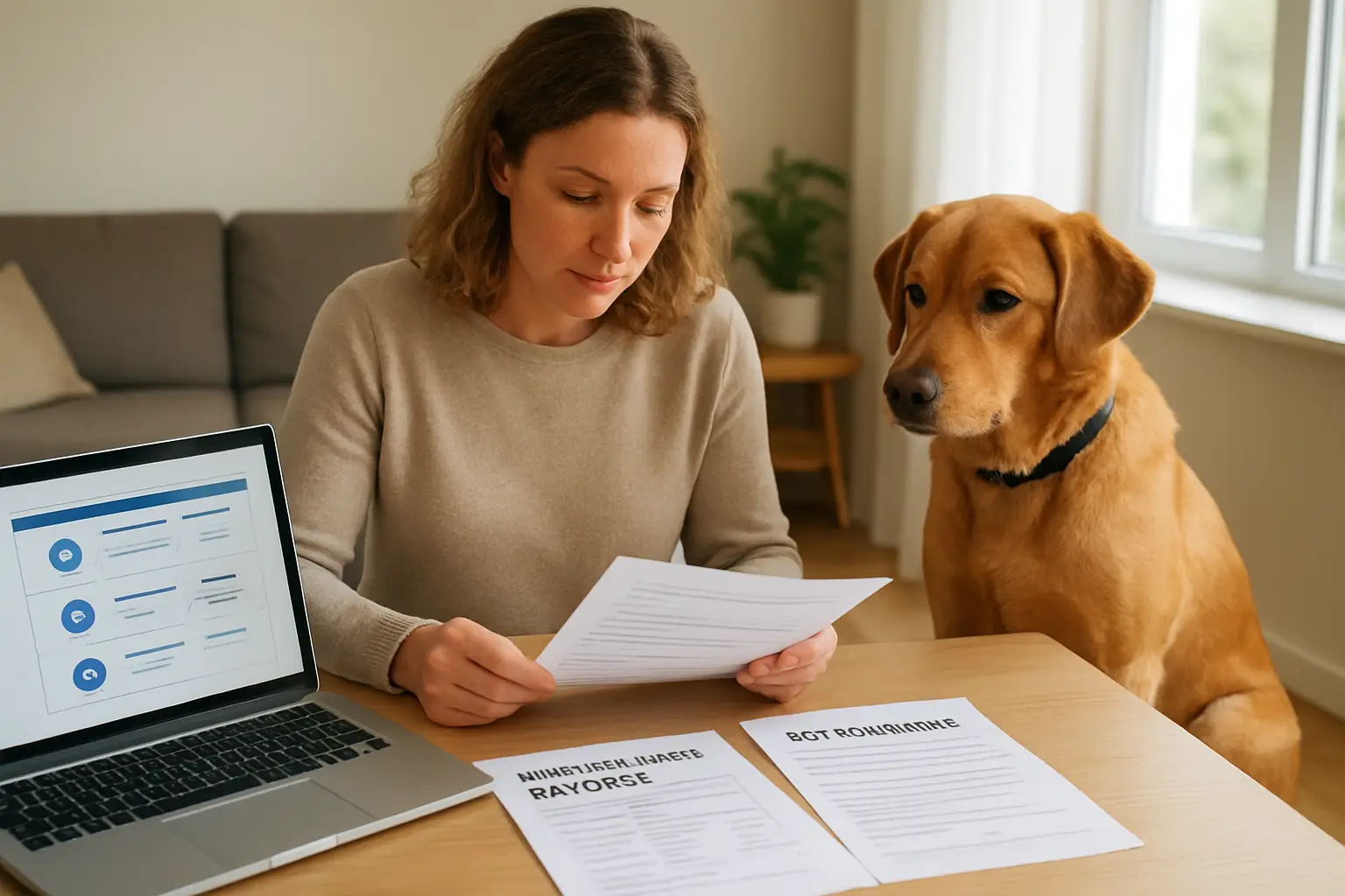 Pet owner reviewing veterinary bill costs and pet insurance coverage