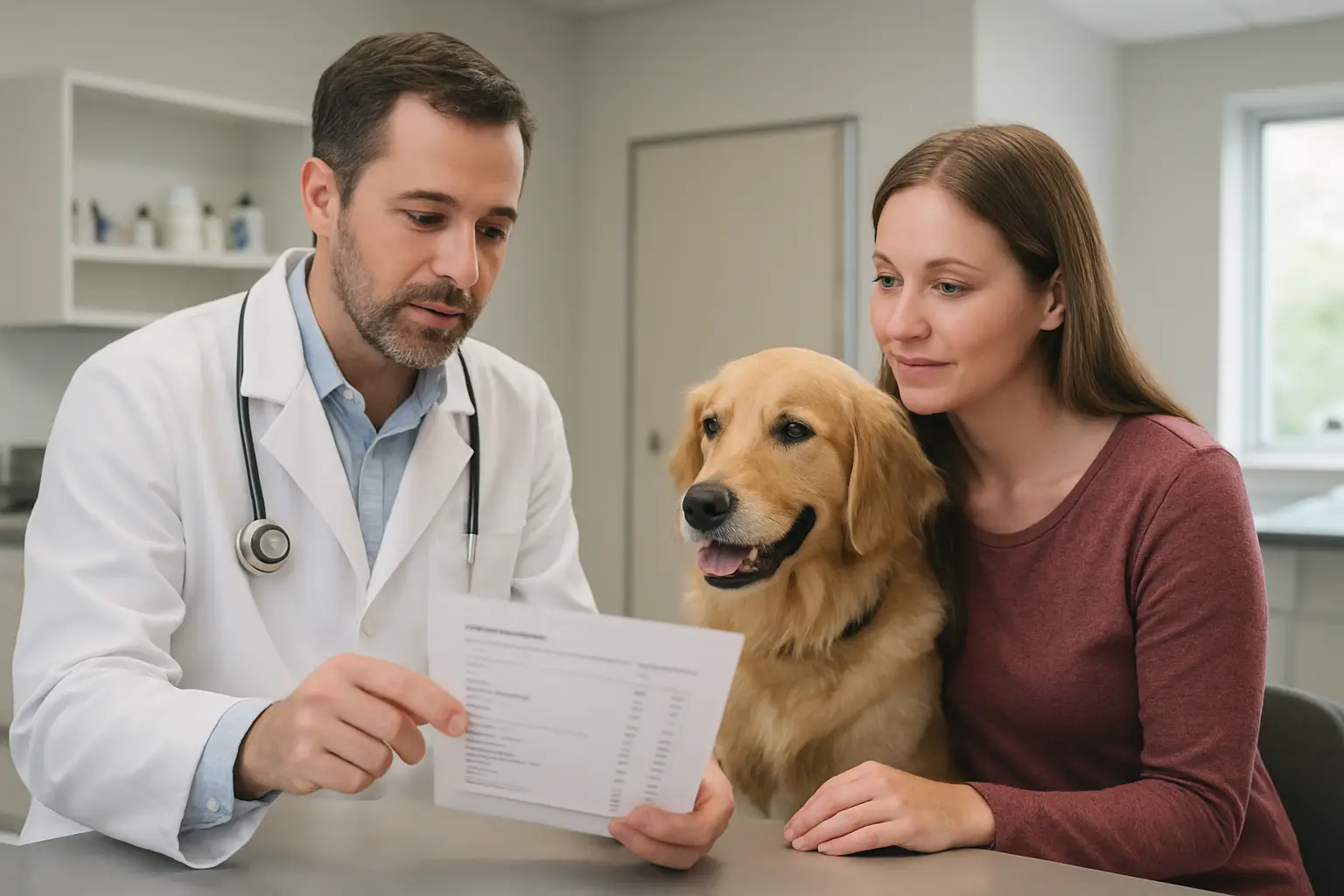 Veterinarian reviewing an average vet bill with a pet owner in the United States