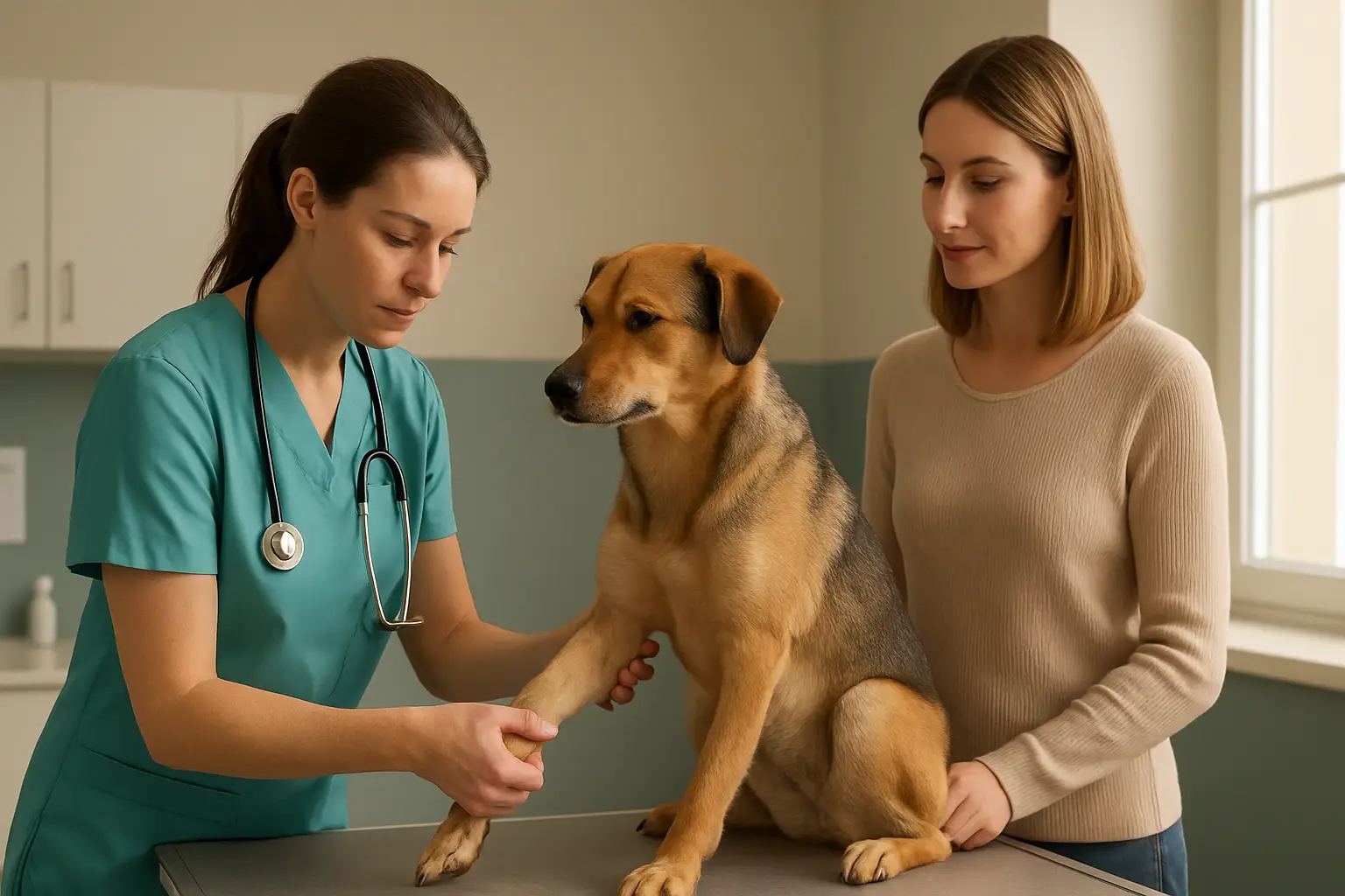 Veterinarian examining both knees of a dog