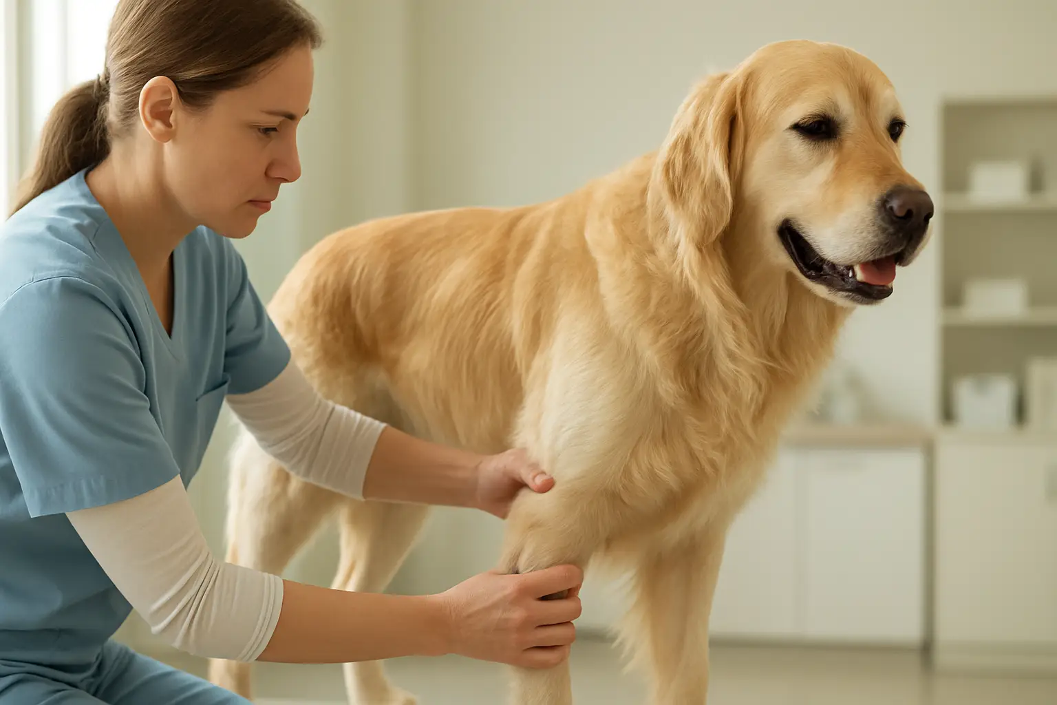 Veterinarian checking a dog's hips and knees for bilateral conditions