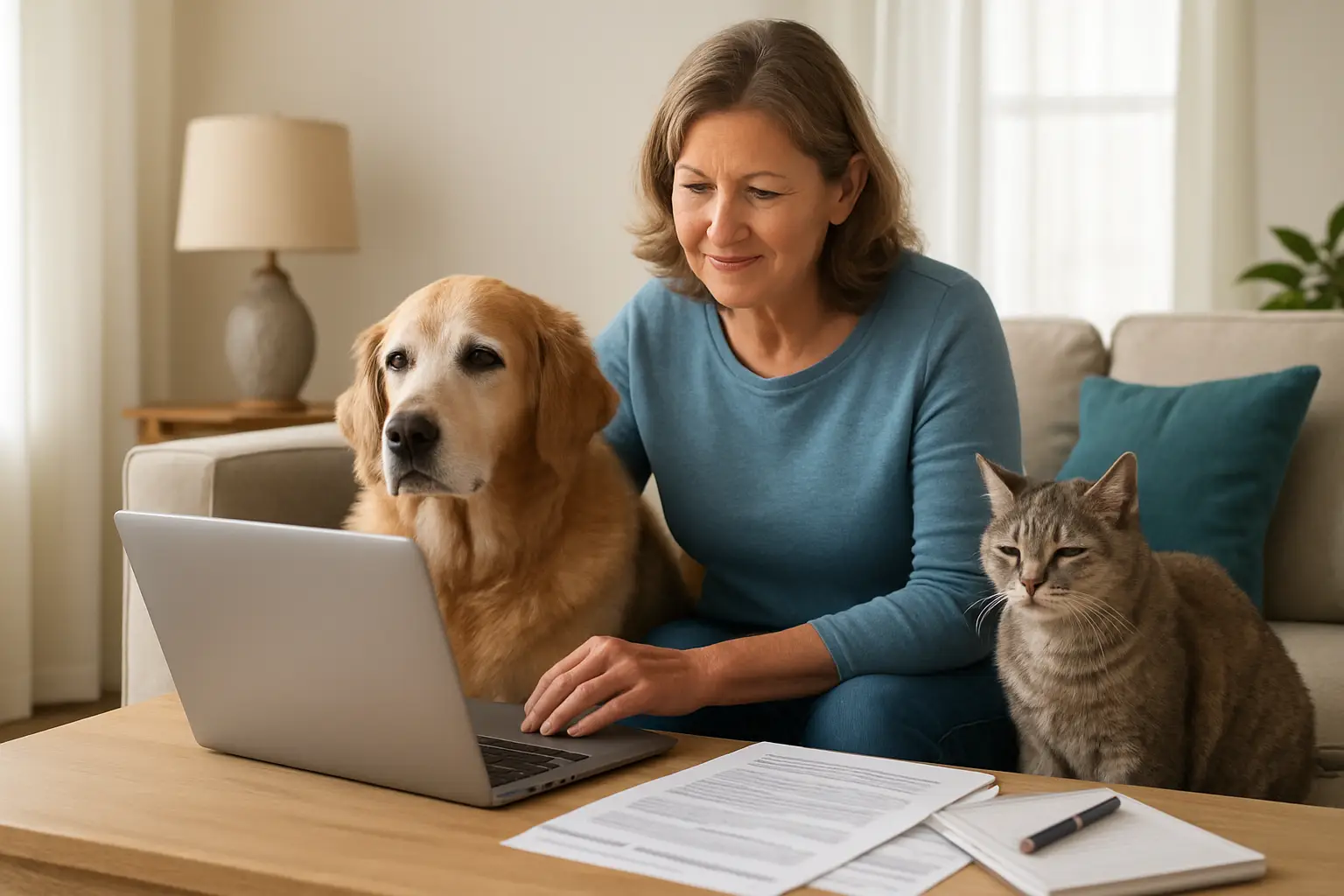 Older dog and senior cat resting with their owner while pet insurance options are reviewed