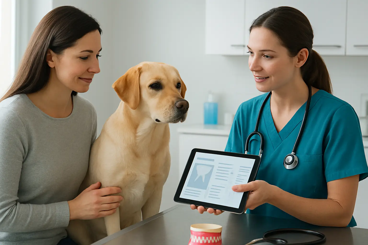 Veterinarian discussing a dental cleaning plan with a dog owner