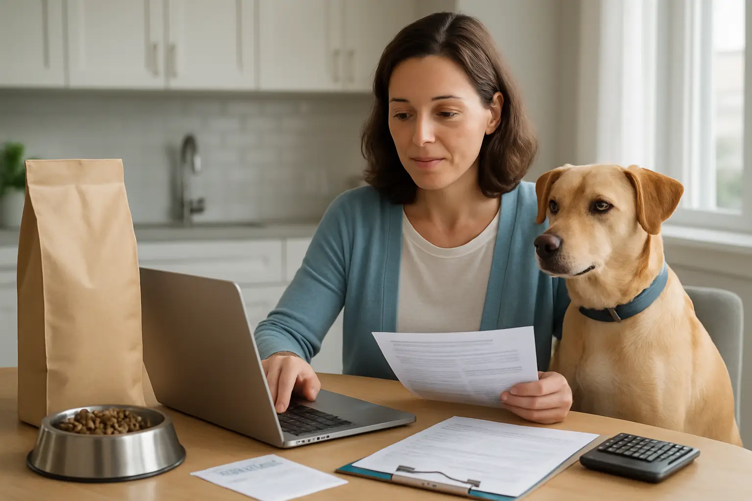Pet owner reviewing prescription food coverage in a pet insurance policy