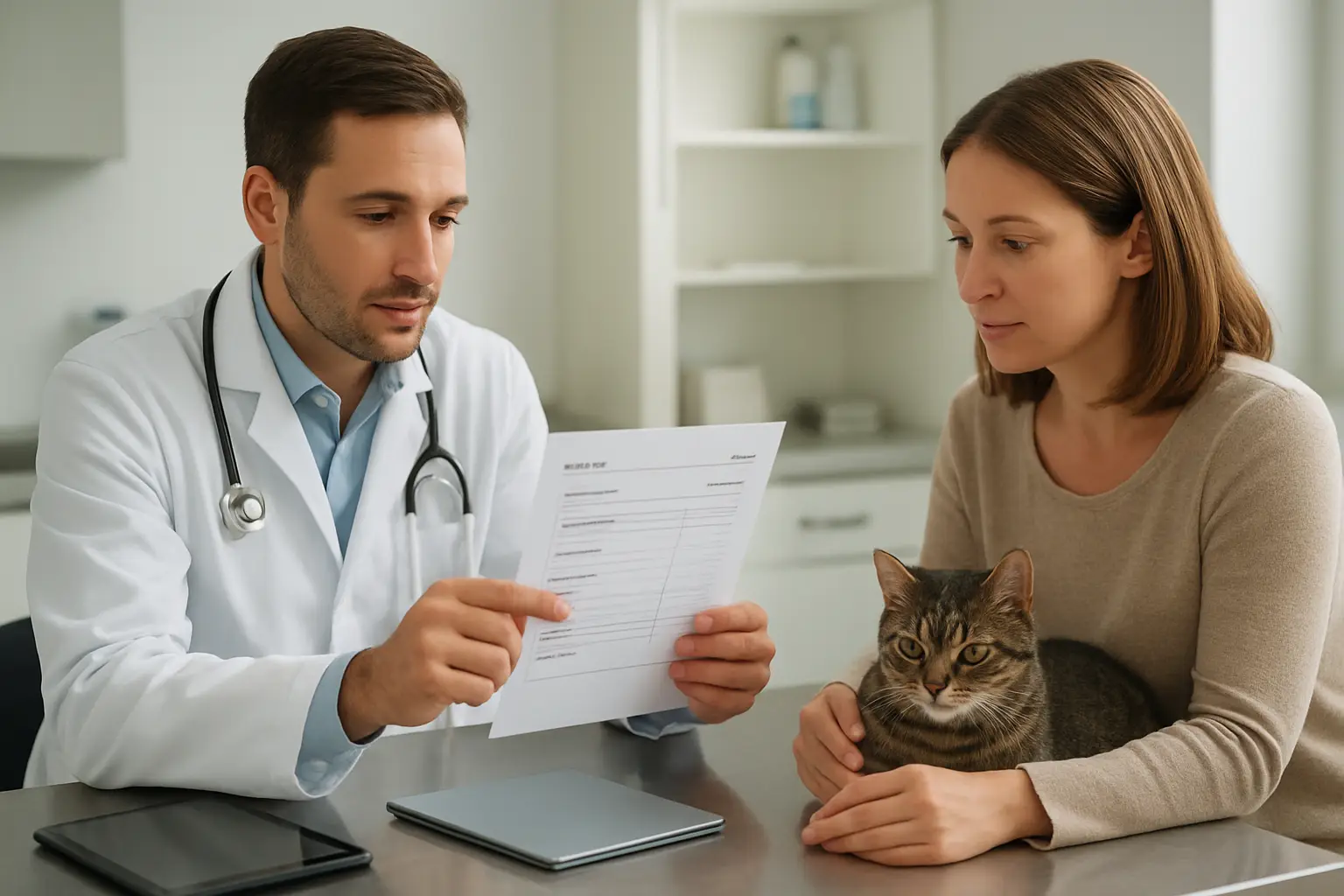 Veterinarian explaining an itemized veterinary bill to a pet owner