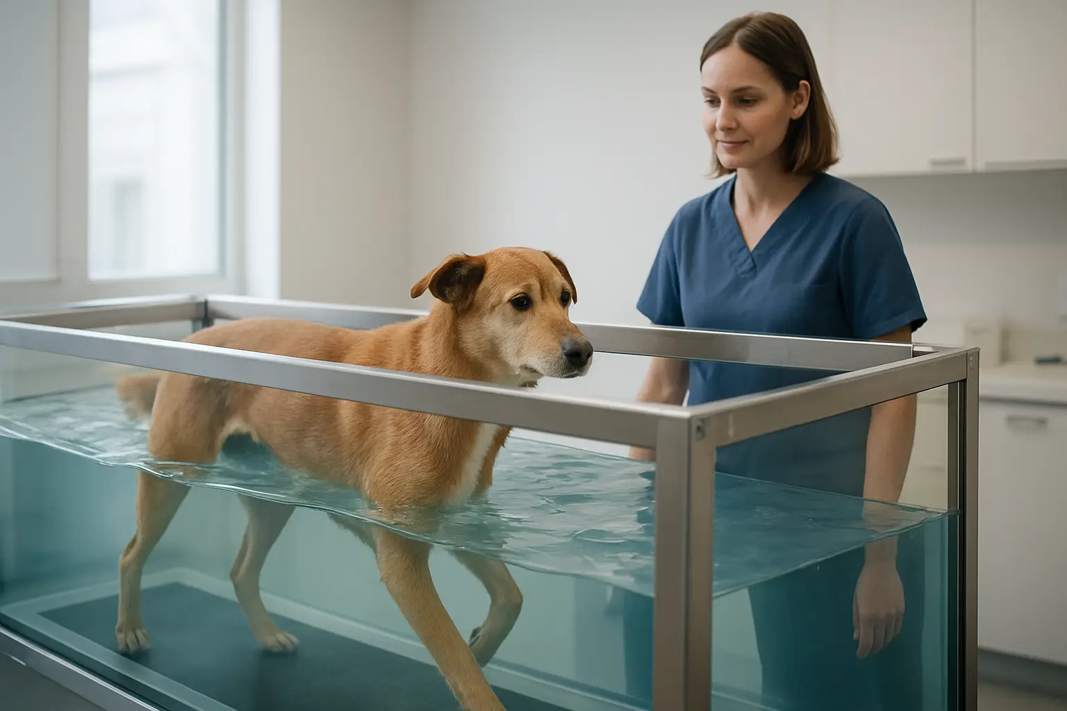 Dog using an underwater treadmill during veterinary rehabilitation