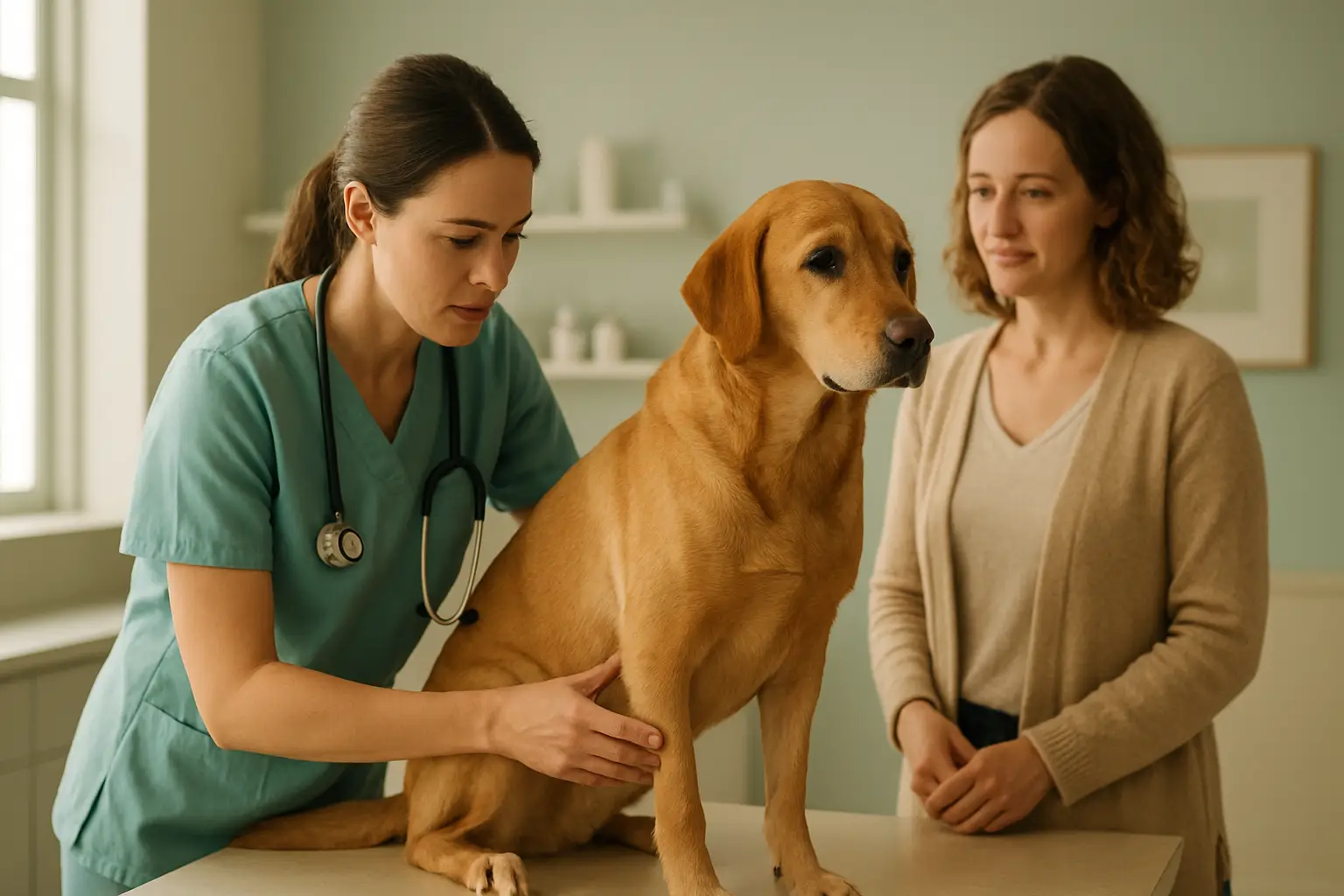 Veterinarian examining a dog for a possible hereditary condition
