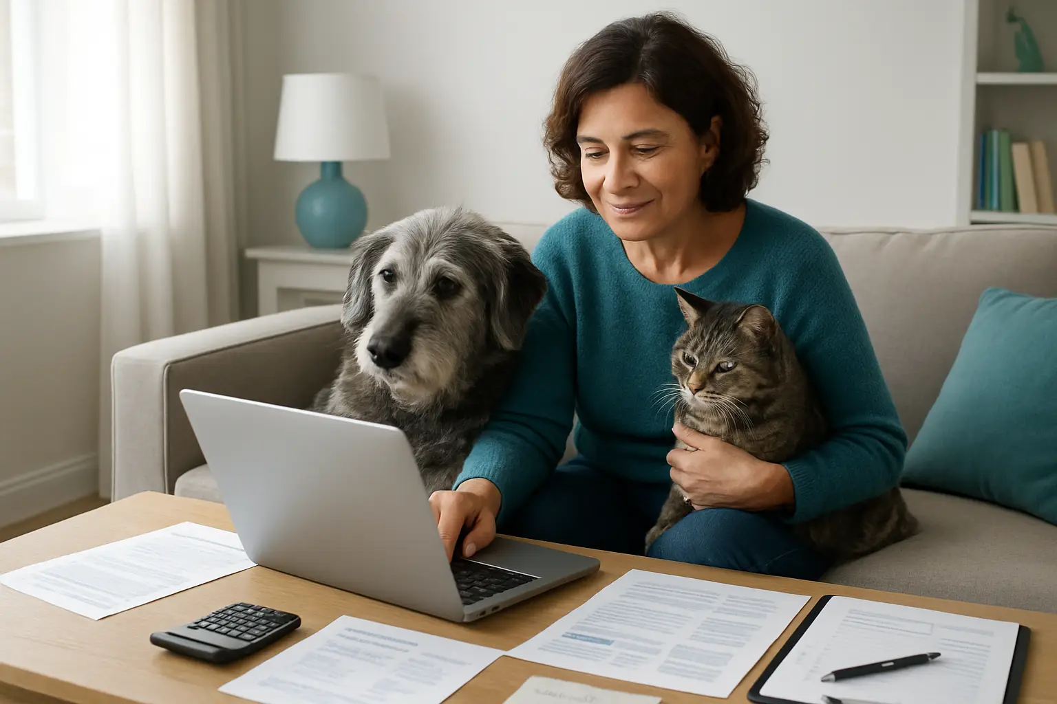 Owner reviewing pet insurance quotes beside an older dog and cat