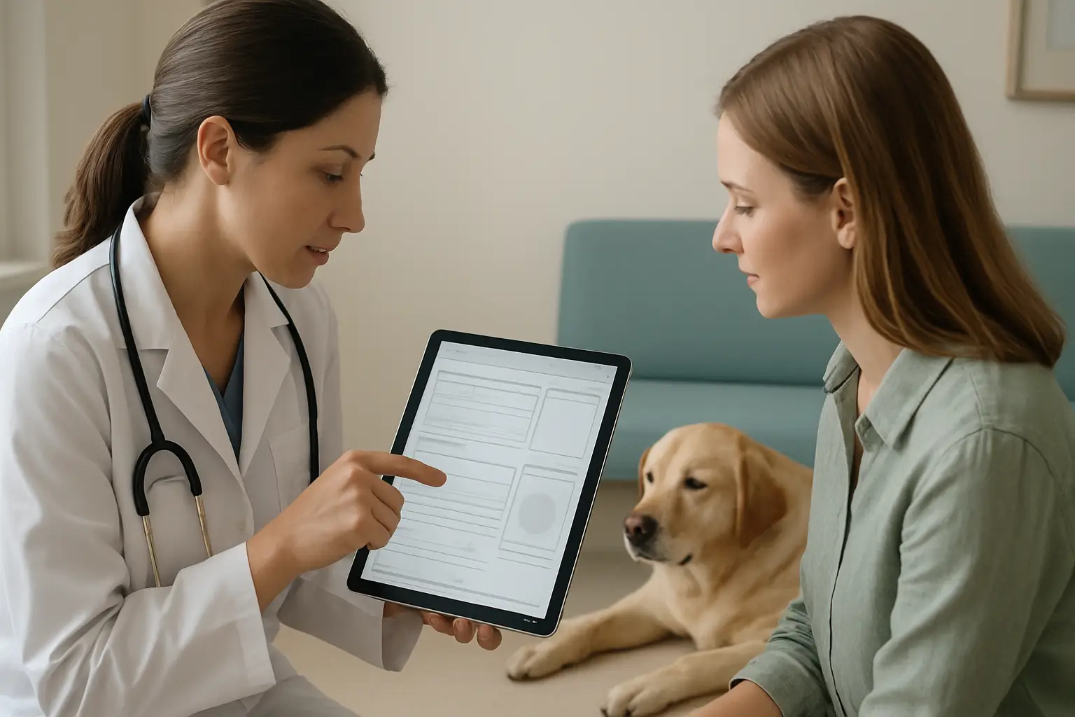 Pet owner and veterinarian reviewing behavior history and medical records