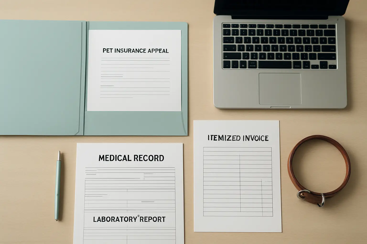 Organized veterinary records and documents for a pet insurance appeal