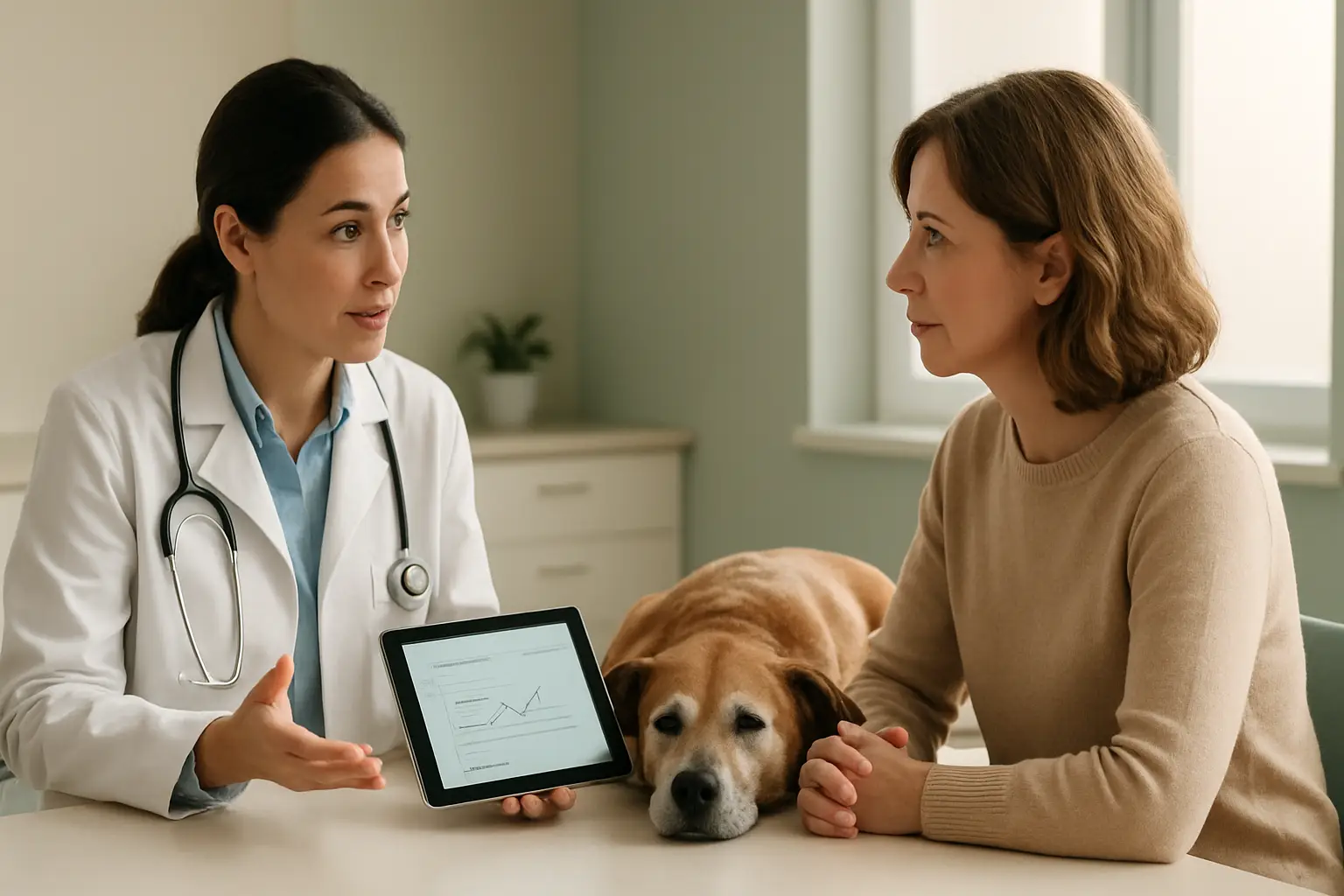 Veterinarian discussing long-term care for a dog with its owner