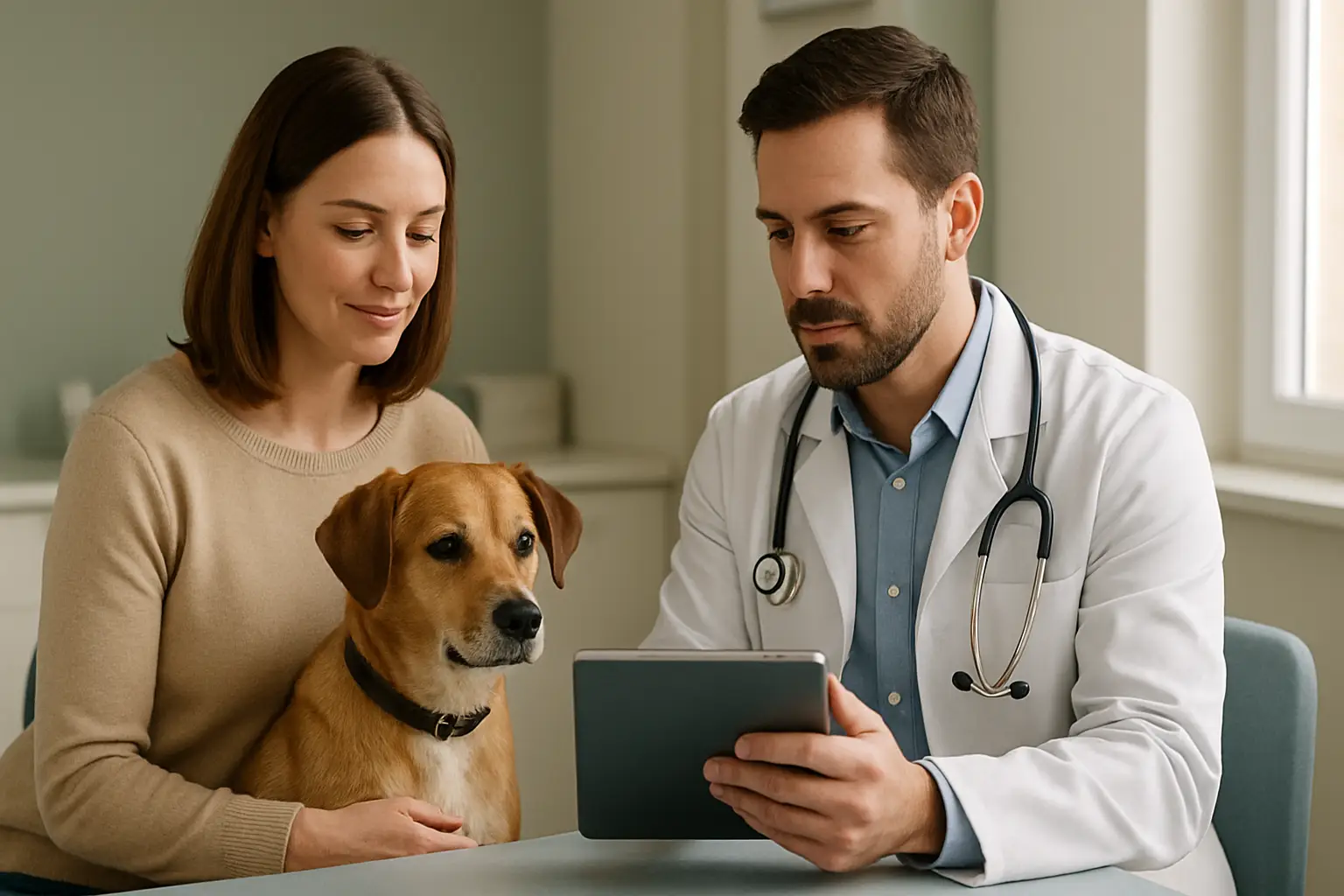 Veterinarian and pet owner reviewing a dog's medical records