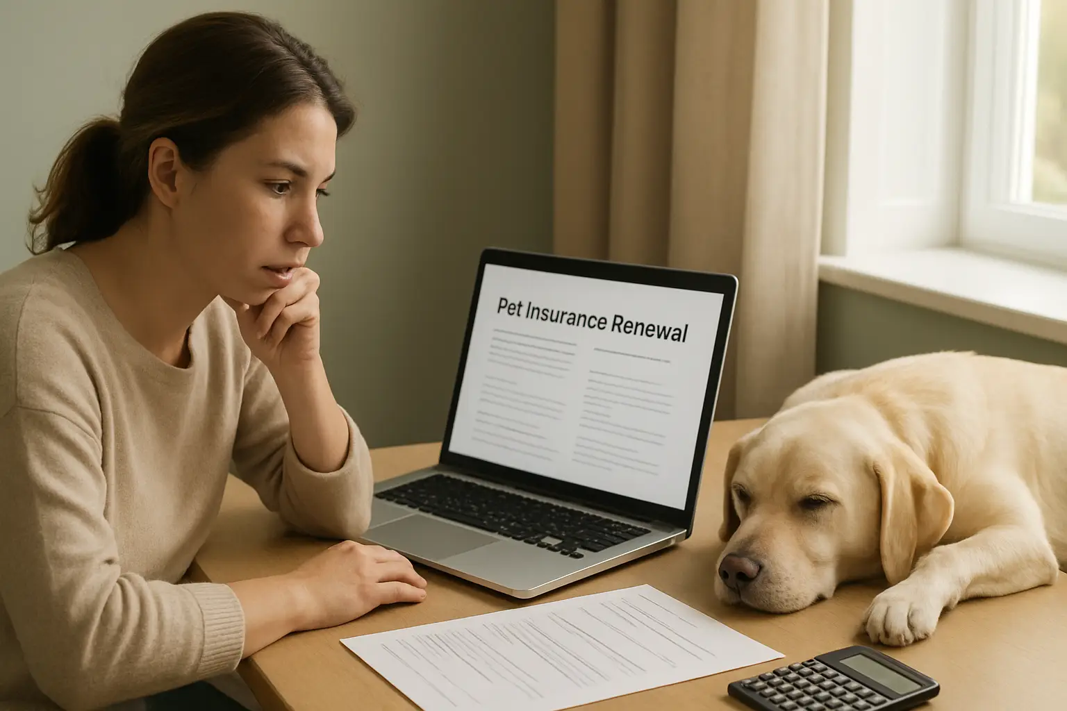 Pet owner reviewing an increased pet insurance renewal premium