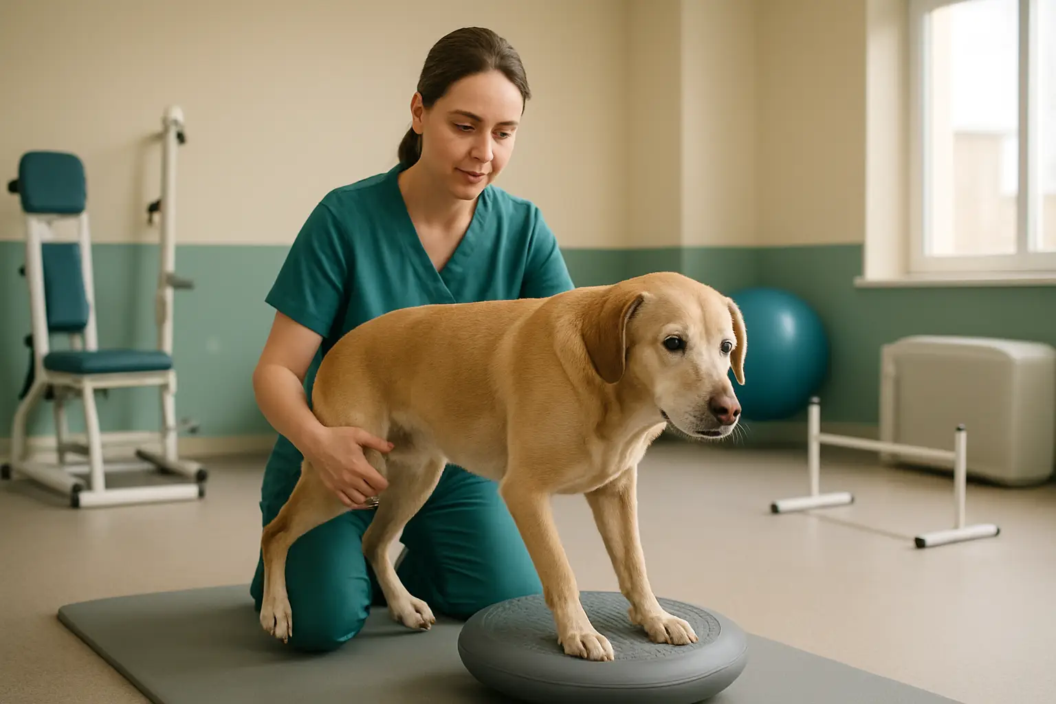 Dog receiving supervised physical rehabilitation therapy