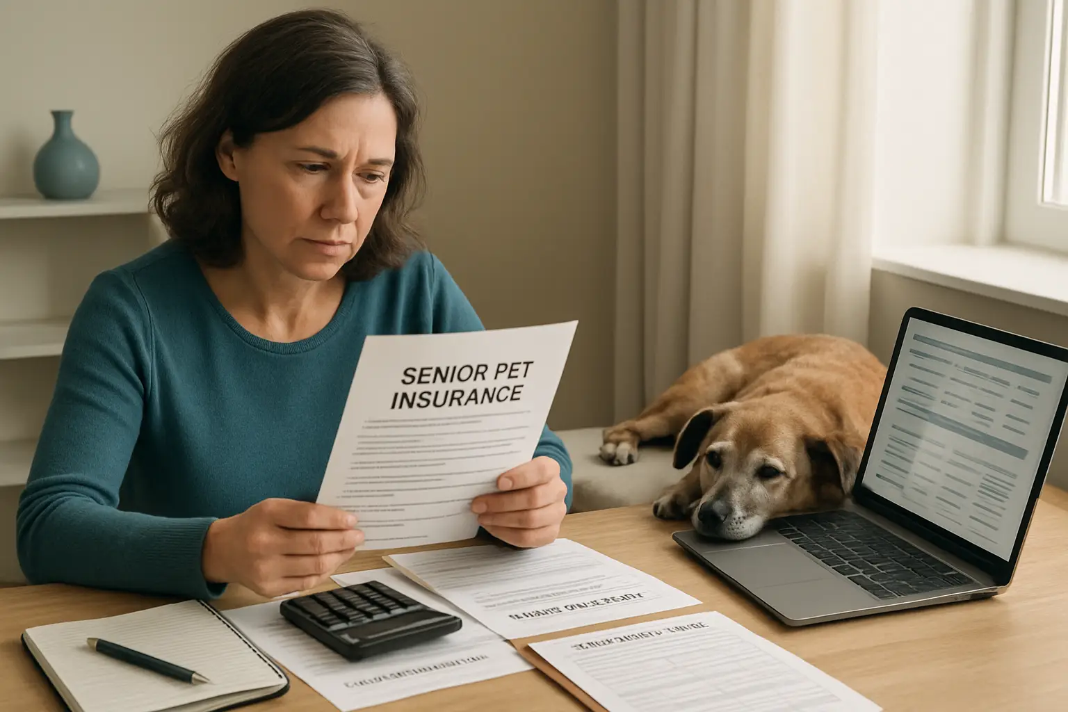 Pet owner comparing age limits, deductibles, reimbursements, and exclusions for a senior pet insurance policy