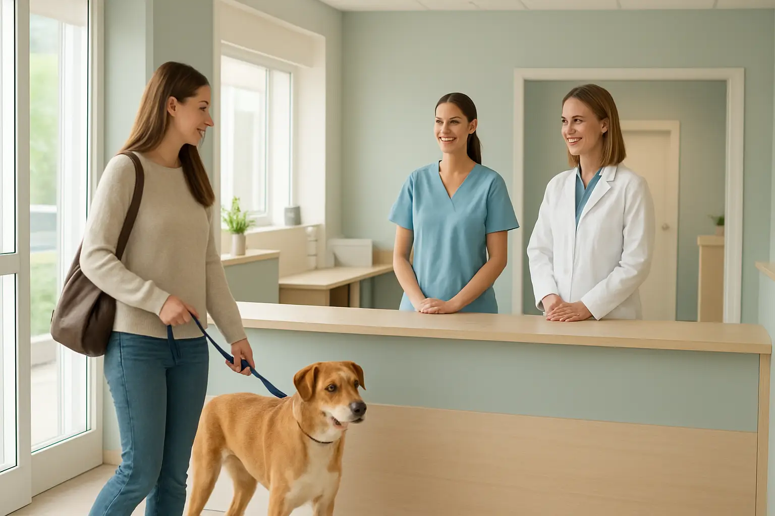 Pet owner arriving at a licensed veterinary clinic with a dog