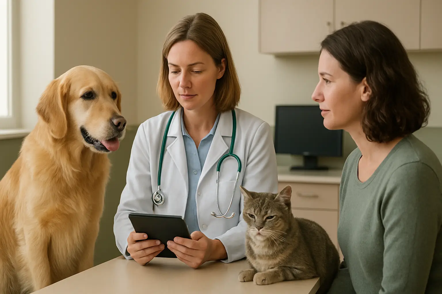 Veterinarian assessing dog and cat behavior during a consultation