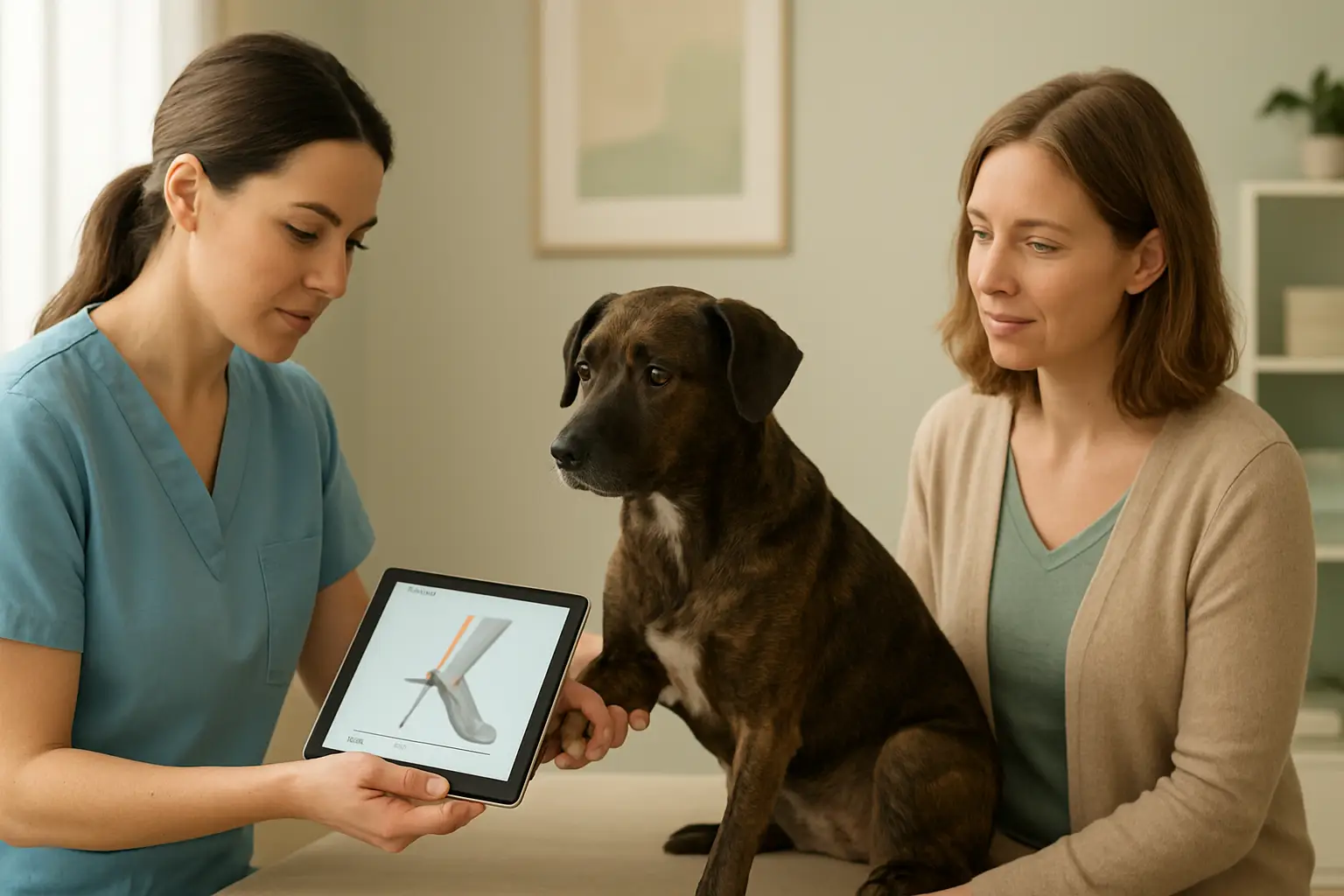 Veterinary rehabilitation specialist creating a treatment plan for a dog